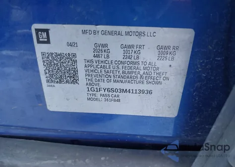 2021 Chevrolet Bolt Ev Fwd Lt from USA, damaged, VIN 1G1FY6S03M4113936